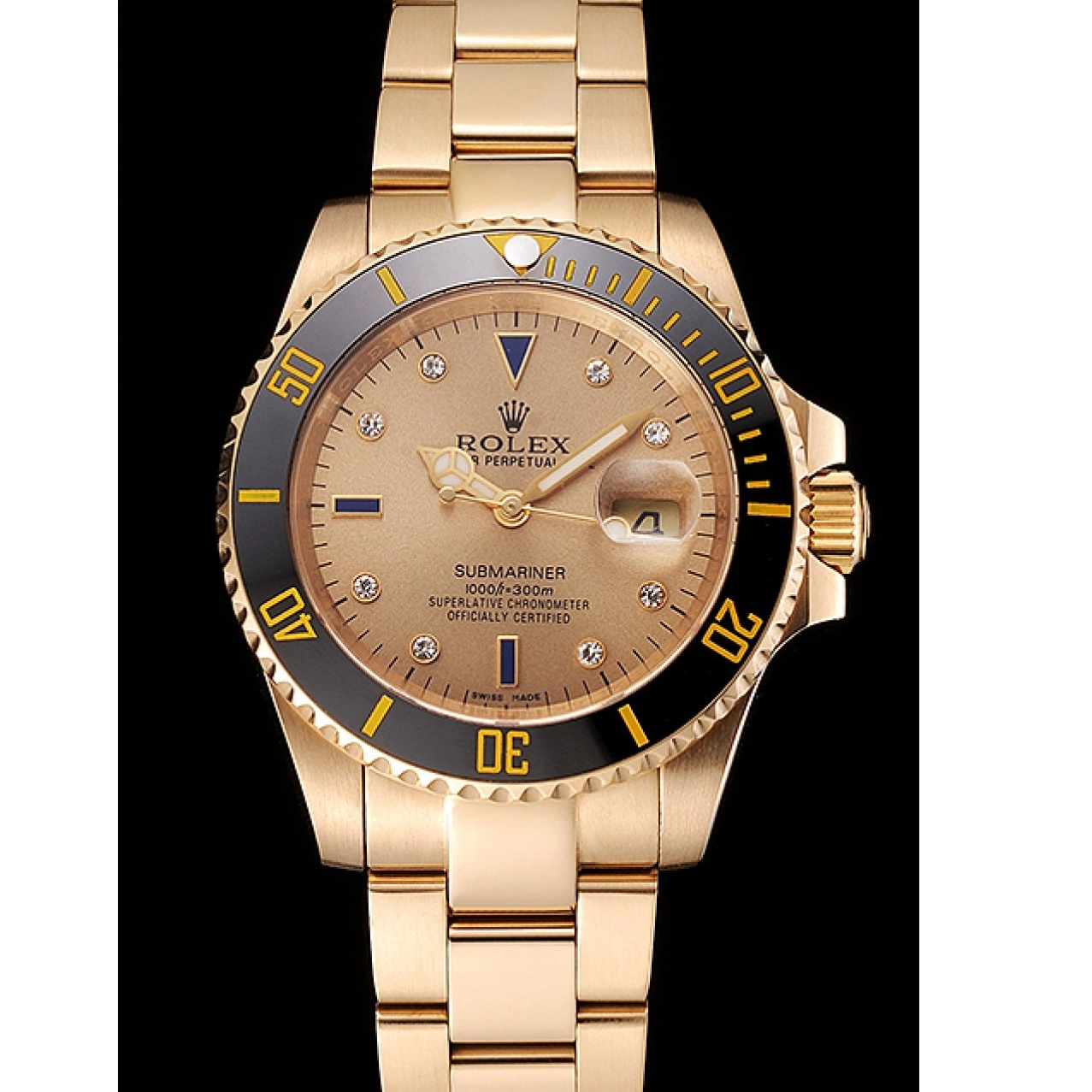Best AAA Replica Sites Markings Diamond Dial Bracelet Black And Gold Rolex Yellow Submariner Bezel Case With Swiss Gold 0701
